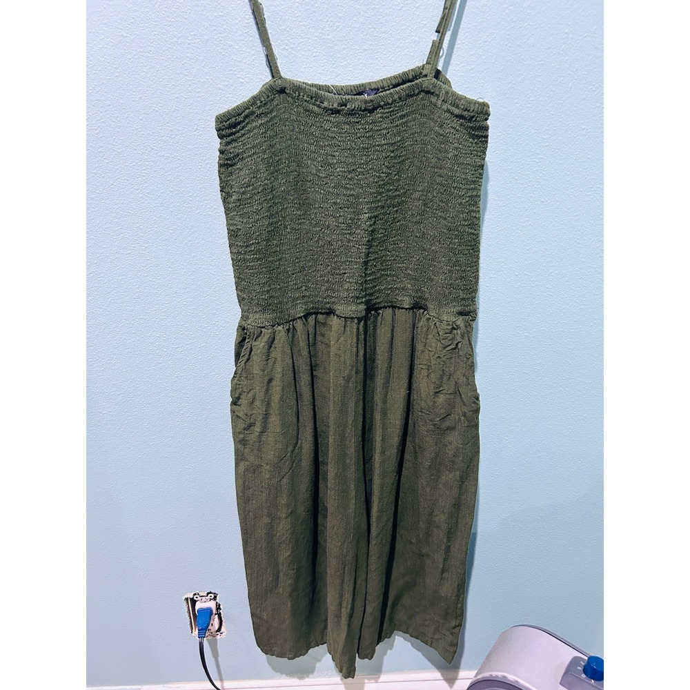 Cassee's Smocked Wide Leg Jumpsuit Women 1X Olive Green Excellent Boho Strappy